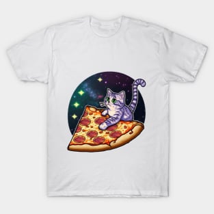 A cat riding a slice of pizza in space T-Shirt